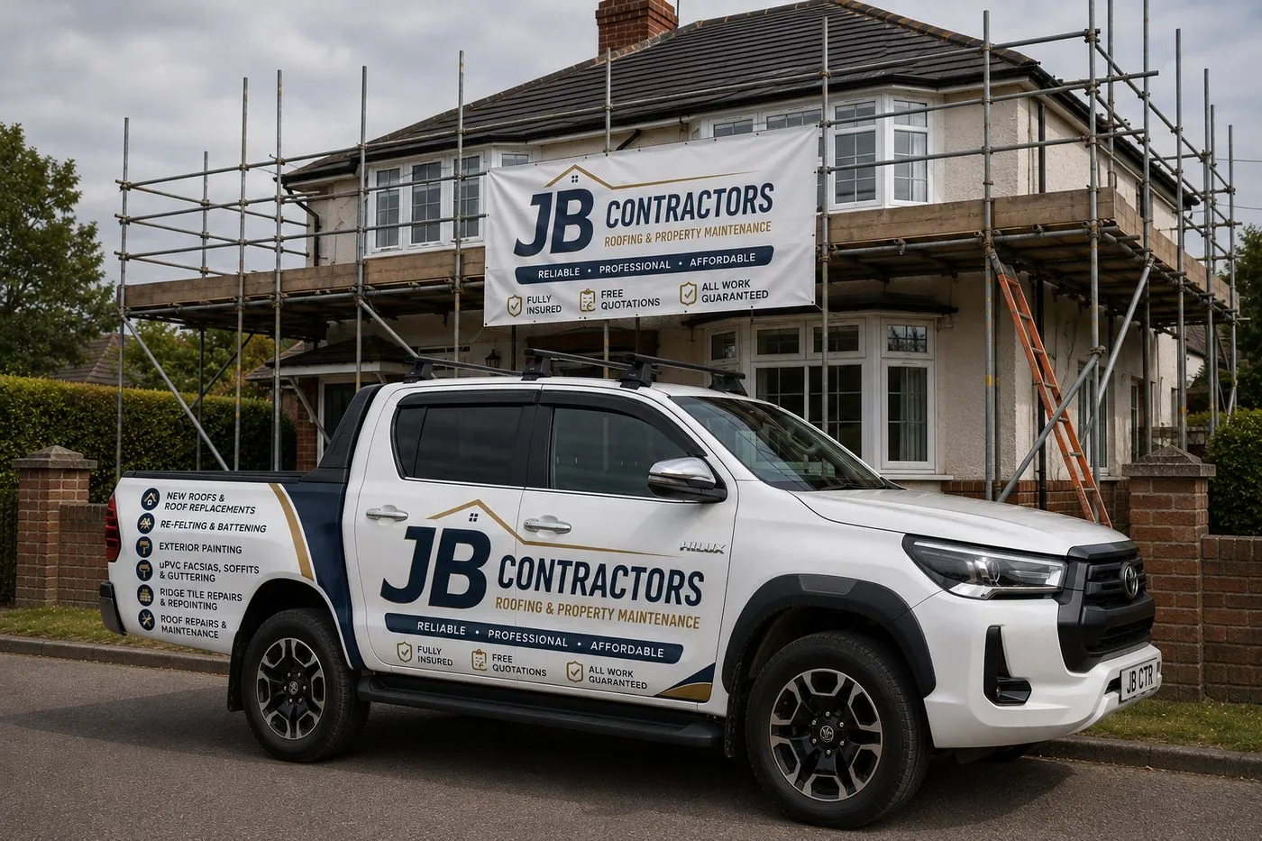 Bovey Tracey Roofing pickup truck on site at a scaffolded roofing job in Bovey Tracey